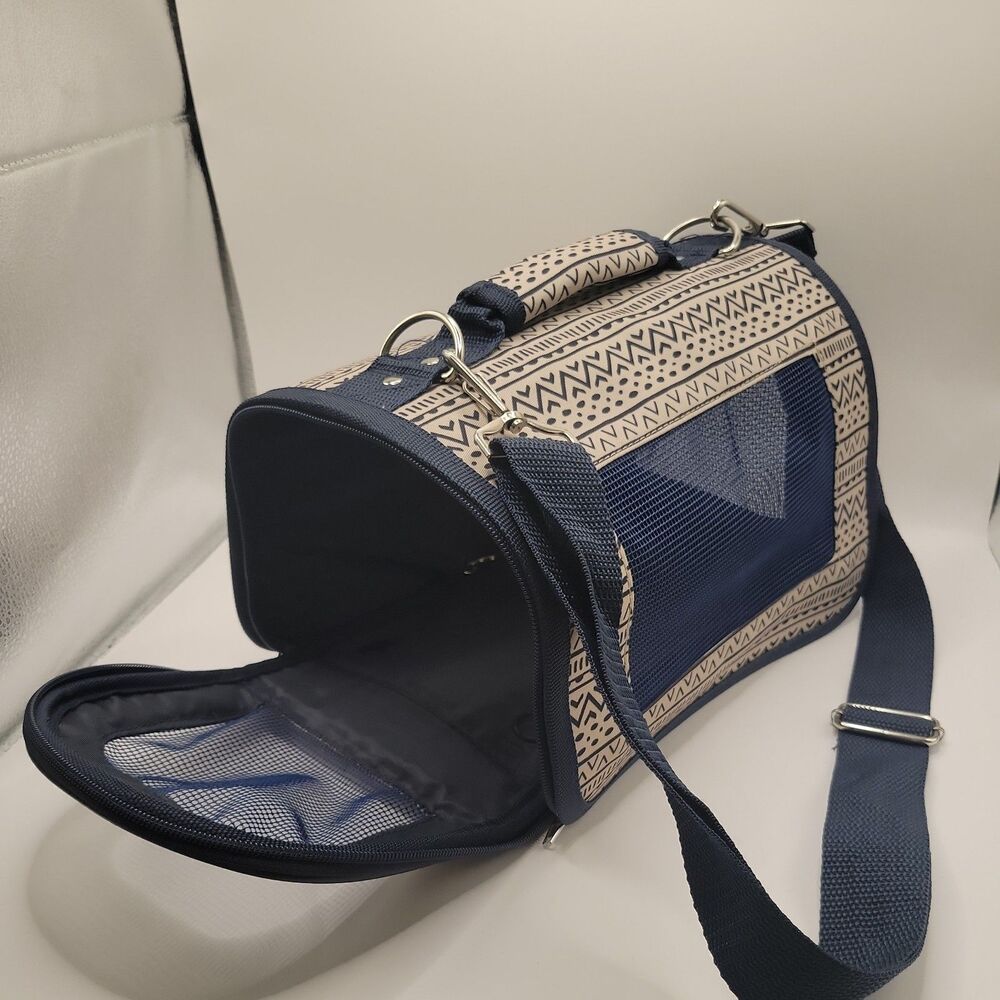 Small Pet Carrier 11x7.5 NAVY & BEIGE  SOFT SIDED  SHOULDER STRAP / CARRY HANDLE